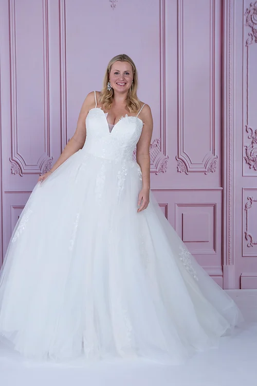 Plus size wedding dresses and bridal wear for plus size brides from Beautiful in Curves. Based in Ashford, Kent but serving all surrounding areas including Canterbury and Maidstone. Plus size A-line wedding dress.